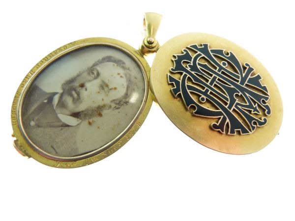 Victorian gold locket, with applied black enamel monogram, swing open action, containing a - Image 4 of 7