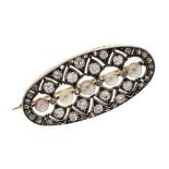 Diamond and pearl oval brooch, the five pearls (untested and unwarranted) ranging from 3.5mm to