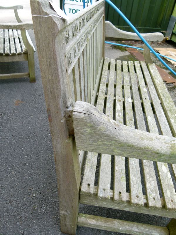 Mid 20th Century weathered teak garden bench, the back rail carved with verses from 'God's Garden' - Image 4 of 9