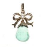 19th Century emerald and rose diamond drop pendant, the emerald bead approximately 21mm x 20.5mm, to