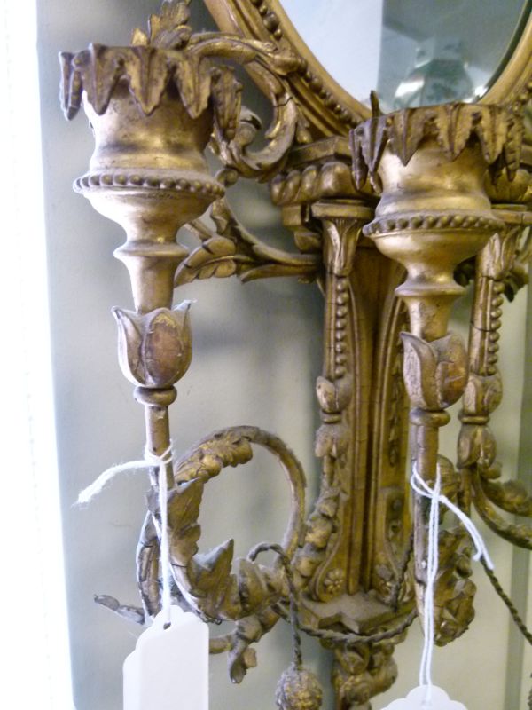 19th Century giltwood and gesso girandole wall mirror, the plain oval plate beneath urn surmount - Image 5 of 10