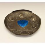Liberty & Co. Art Nouveau pewter and enamel decorated 'Bollellin Shield' dish, designed by Archibald