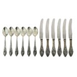 Set of six Georg Jensen fuchsia design fruit knives and six matching teaspoons, import marks for