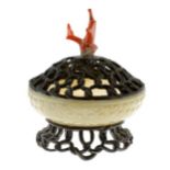 Chinese jade censer, the finely-carved pierced wooden cover of looped knotwork with coral finial,