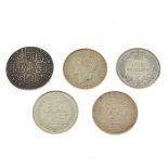 Coins, - George I shilling 1723, George IV shilling 1826, two Queen Victoria shillings 1864 and