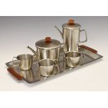 Gerald Benney for Viners six piece stainless steel tea set, the teapot, hot water jug and tray