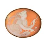 Late Victorian shell cameo brooch, the plain frame stamped '9ct', carved with an image of Diana
