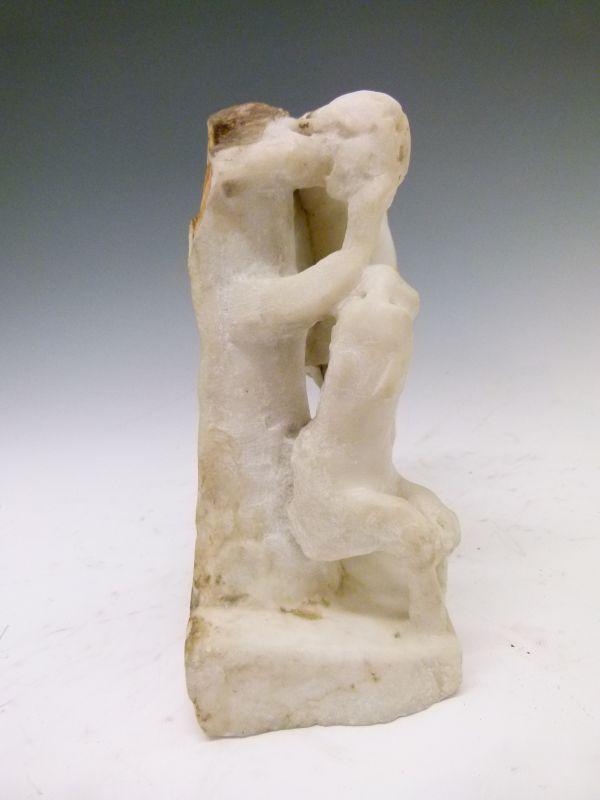 Antiquities - Carved white marble figure of Eros, modelled in standing pose holding a staff in his - Image 5 of 9