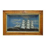Victorian diorama, depicting a tall-masted sailing ship off the coast, with painted coastline and