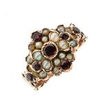 Victorian garnet and seed pearl cluster ring, unmarked, size P½, 3.9g gross Condition: **General