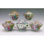 Five Chinese Canton Famille Rose porcelain bowls and covers, each bowl of pan-topped form, all