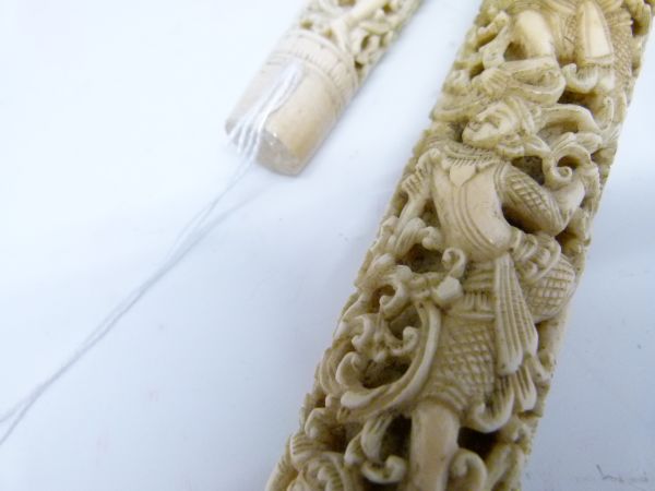 Two 19th Century Indian carved ivory handles, the longer possibly from a sword or staff, the shorter - Image 3 of 7