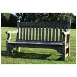 Mid 20th Century weathered teak garden bench, the back rail carved with verses from 'God's Garden'