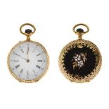 Anonymous - 18ct gold 19th Century engraved and rose diamond set fob watch, white enamel unsigned