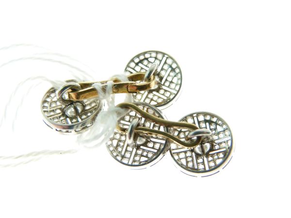 Pair of diamond set cufflinks, set in white metal with yellow connectors stamped '750', the circular - Image 3 of 3