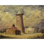 Ronald Way (Modern), - Oil on board - Landscape with windmill and figure of a man resting, signed