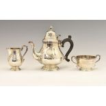 Elizabeth II three piece tea set, in the Queen Anne style with applied decorative mounts to the