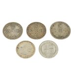 Coins, - William III shilling 1696, Queen Anne shilling 1711, George II shilling 1758, George III