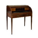 Edwardian Sheraton Revival mahogany and satinwood cylinder bureau, the brass three-quarter gallery