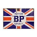 Advertising Interest - Vintage enamel sign for Motor BP Spirit, with blue lettering on a Union