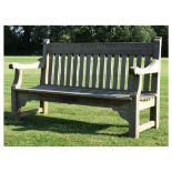 Mid 20th Century weathered teak garden bench, the back rail carved with verses from 'God's Garden'