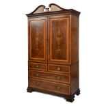 Good quality 19th Century inlaid mahogany linen press, the upper section with swan-neck pediment