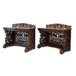 Good pair of late 19th/early 20th Century Burmese padouk console tables, each having a foliate