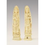 Pair of late 19th Century Chinese carved ivory figures of Kwanyin (Guanyin), each holding a rose and