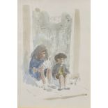 Sir Hugh Casson P.A. (1910-1999) - Pencil and watercolour - Two children seated on a doorstep,