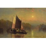 W. Carter - 19th Century English School - Oil on canvas - River landscape at sunset with two sailing