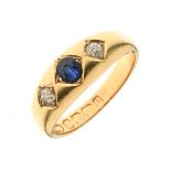 Three stone diamond and sapphire 18ct gold creole ring, Birmingham 1895, by Deakin & Francis, the