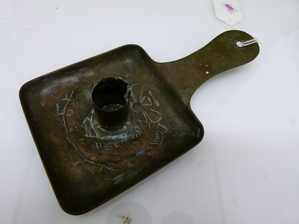 Newlyn copper chamber candlestick, having embossed decoration of two stylised fish and stamped - Image 2 of 9
