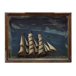 Victorian painted diorama, depicting a tall-masted sailing ship with painted backdrop and