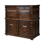Late 17th Century oak part enclosed chest of drawers, the moulded rectangular top with dentil frieze