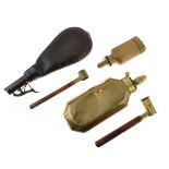 Gun accessories including; brass powder flask 17cm high, a smaller copper flask by Hawksley suitable
