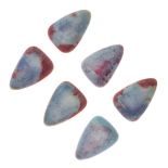 Six Ruskin light blue and pink glazed ceramic triangular shape tablets, impressed mark to base, 35mm