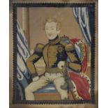 Victorian gros- and petit-point needlework embroidery of Prince Albert, seated enthroned holding a