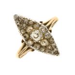 Late Victorian diamond marquise cluster ring, unmarked, the central old brilliant cut of