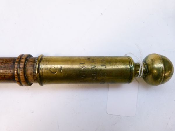 Early 19th Century tip-staff, brass top engraved Saint Ewins Ward 1819 '3, the round wooden handle - Image 3 of 6