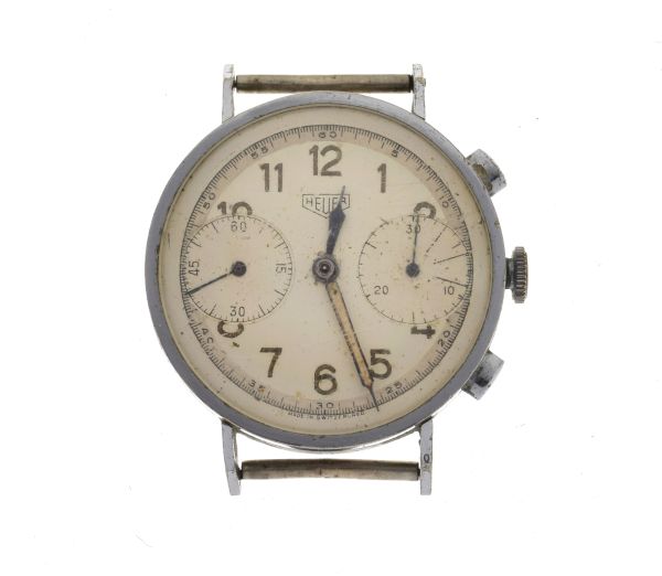 Mid 1940's Gentleman's manual wind chronograph watch head, having a chrome plated three body case,