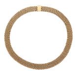 9ct gold mesh collar, with fold over catch, 38.5cm long, 11mm wide, 57g gross - Provenance - From