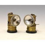 Two vintage brass premiere carbide miners lamps, both approx 11cm high