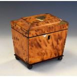 Early 19th Century blonde tortoiseshell sarcophagus tea caddy enclosing two divisions on ball