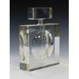 Large crystal glass scent bottle of square form, the rectangular stopper with glass dropper rod,