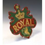 Painted sheet copper plaque with banner 'Royal', beneath crown and above Liver bird or similar, 30cm