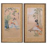 Pair of painted silk panels depicting figures playing instruments, and exotic birds, 49cm x 23cm