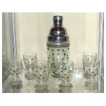 Retro glass cocktail set of shaker and six shot glasses, each with green spotted decoration (7)