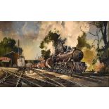 James Priddey - Watercolour - L.M.S. steam locomotive pulling a passenger train, signed, 35cm x