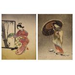 Two early 20th Century Japanese woodblock prints depicting Geisha or Bijin, with silvered