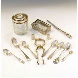 Collection of white metal and silver items to include; three George V silver coffee spoons with